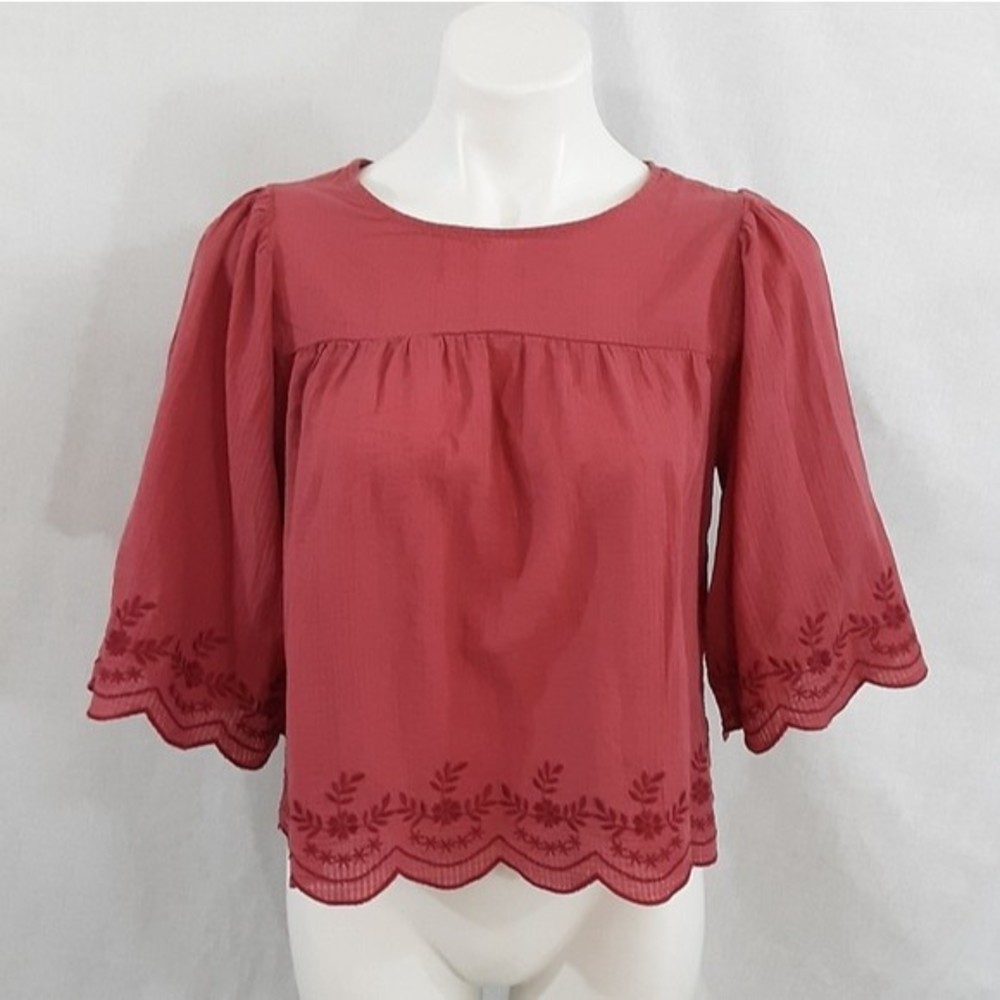Copper Key Medium Peasant Top Boho Embroidered Hem Cropped Blouse